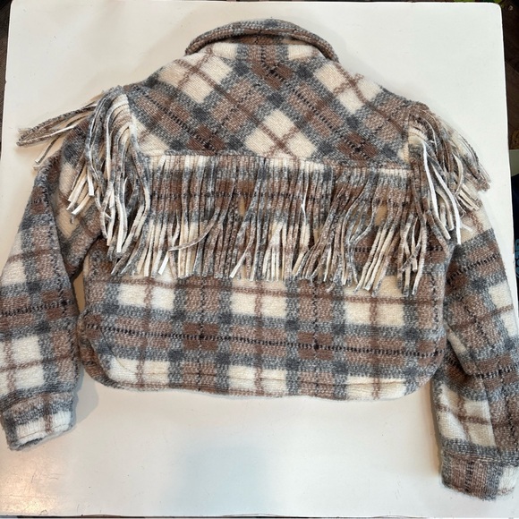 BLANK NYC Jacket Women XS  Beige Wool Blend Plaid Take Note Fringe Cropped - Picture 7 of 10
